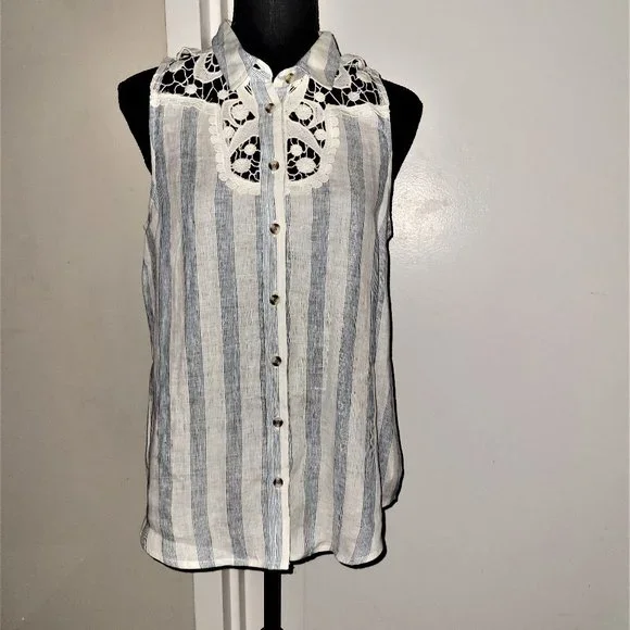 Anthropologie/Maeve Blue/White Stripe/Lace Linen Top - S - Picture 1 of 3